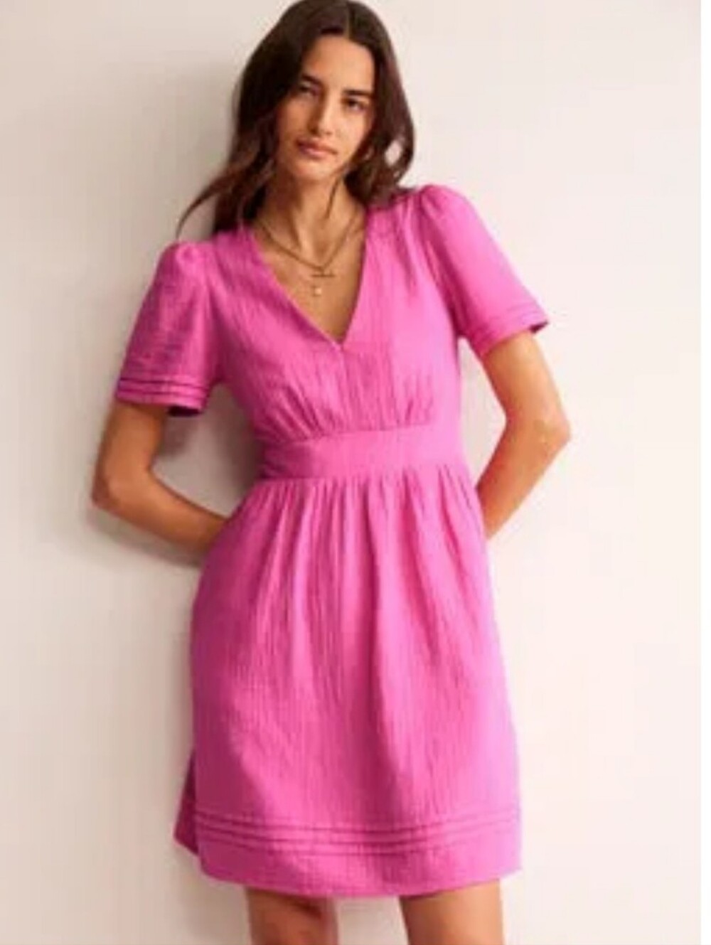 Boden Pink Linen V-Neck Short Sleeve Dress Size 12 Petite Feminine Resortwear